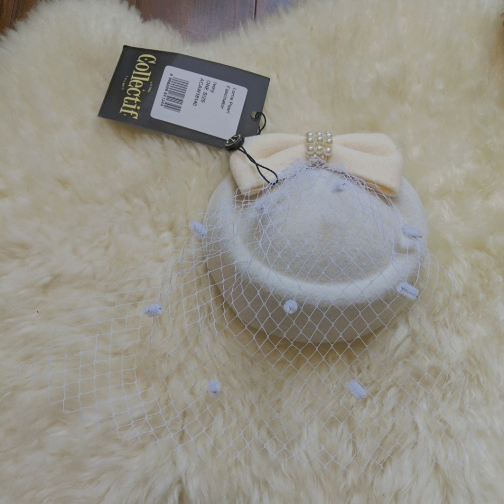 NWT Vintage Style Fascinator Hat, Ivory Bridal with Veil COLLECTIF